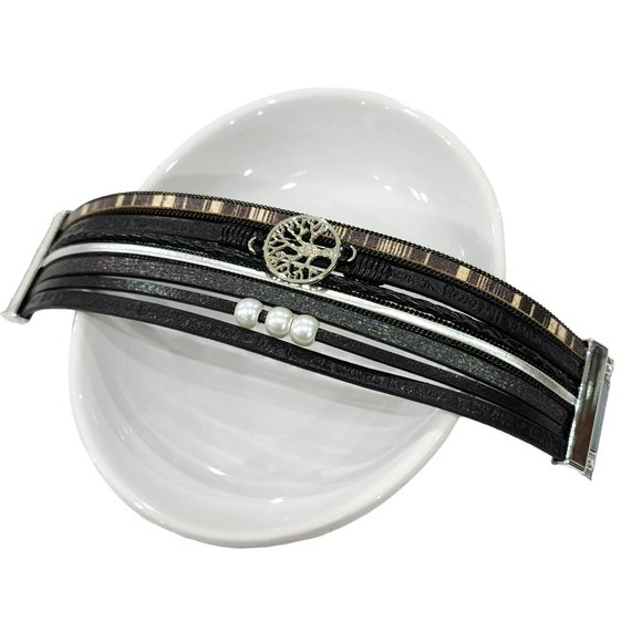 Multy Layers Leather Bangle Magnetic Bracelet for Men and Women 7.5in‎ - Black - Picture 3 of 9